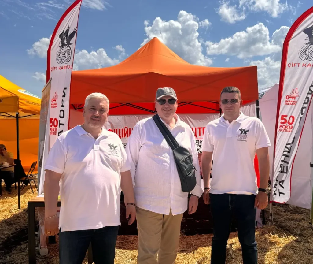 Representatives of the Çift Kartal company at their booth during the agricultural exhibition in Olenivka.